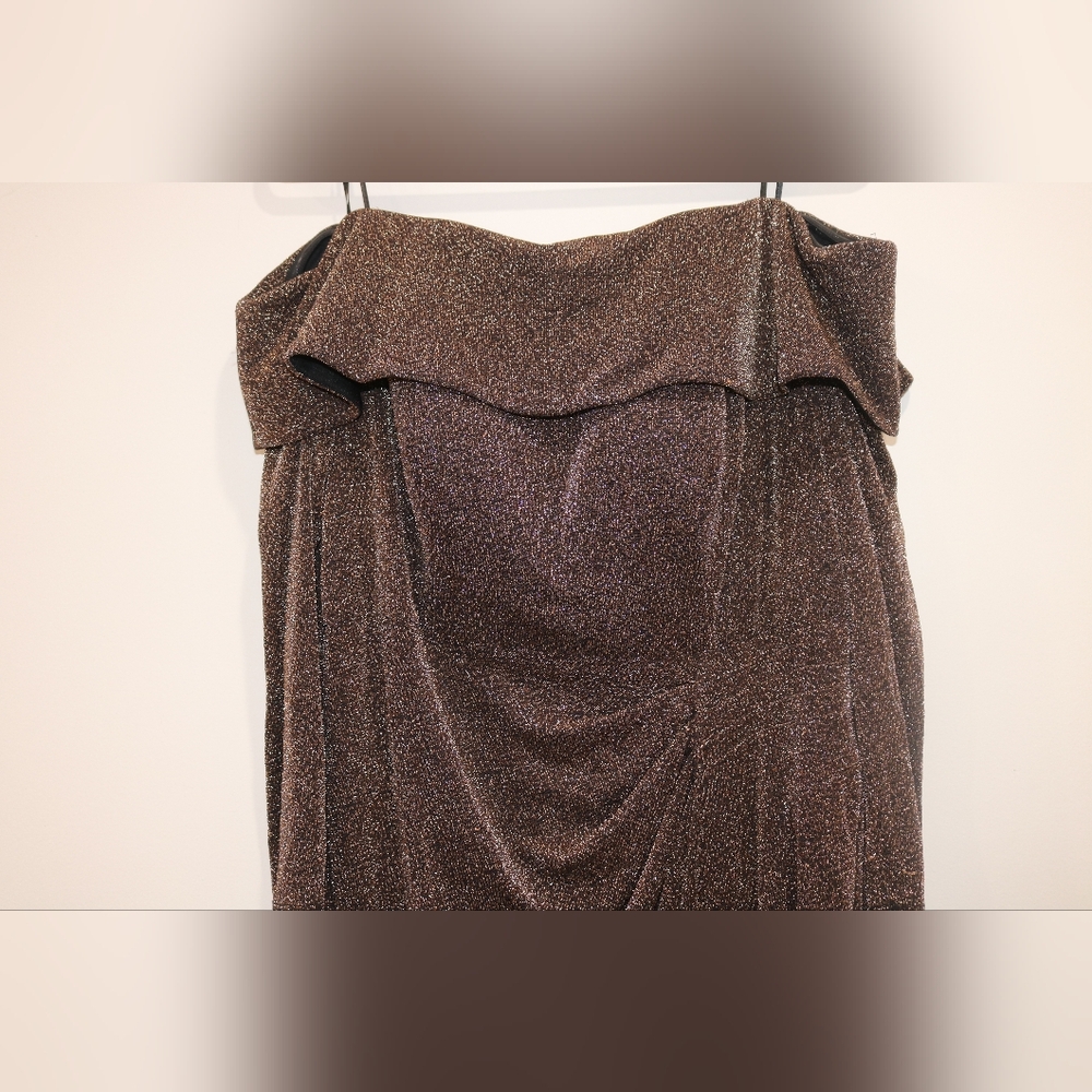 Alex Evenings Plus Size Off-the-Shoulder Side-Slit Glitter Dress - Black/Copper - Picture 3 of 12